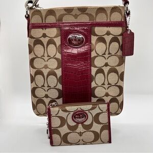 Coach Sutton Khaki Burgundy Signature Croc Embossed Crossbody Bag Matching Set